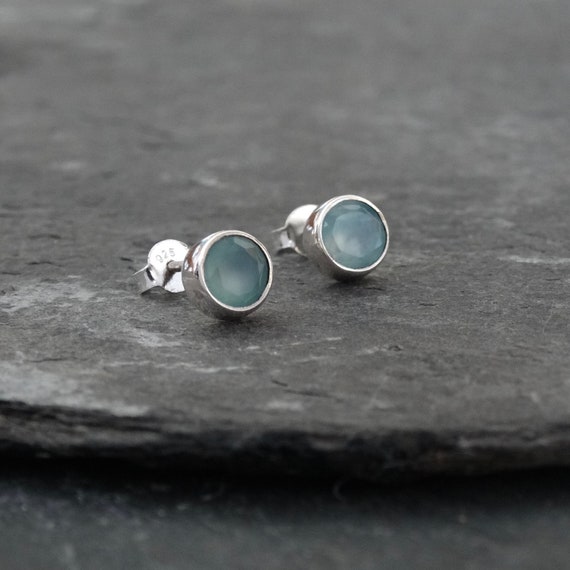 Gemstone Stud Earrings, Silver Studs, Aqua Chalcedony, Blue