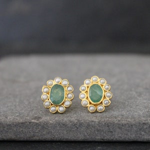 Emerald Earrings, Emerald and Pearl Studs, Gold and Emerald, May Birthstone, June Birthstone, Gold Vermeil