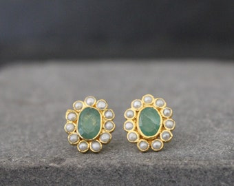 Emerald Earrings, Emerald and Pearl Studs, Gold and Emerald, May Birthstone, June Birthstone, Gold Vermeil