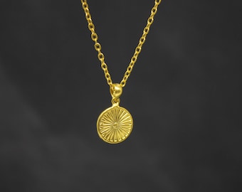 Gold Disc Pendant, Textured Gold Necklace, Boho Gold Pendant, Gold Sun Necklace, Gold Vermeil