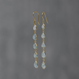 Aquamarine Earrings, Gold and Aqua Drops, March Birthstone Gift, Carved Gemstone, Long Statement Earrings