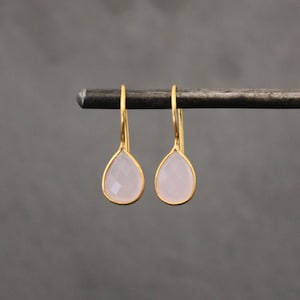 Rose Quartz Earrings, Gemstone Earrings, Gold Drop Earrings, Teardrop Earrings, Pink Chalcedony, Gemstone Earrings, Gold Vermeil