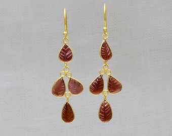 Garnet and Gold Earrings, Carved Garnet Dangle Earrings, January Birthstone Jewellery, Dainty Gemstone Drops