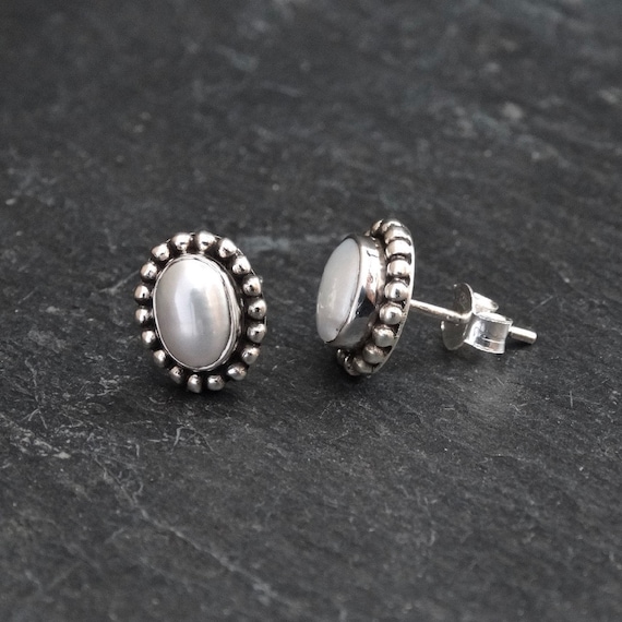 Pearl Earrings, Silver and White Pearl Stud Earrings, June