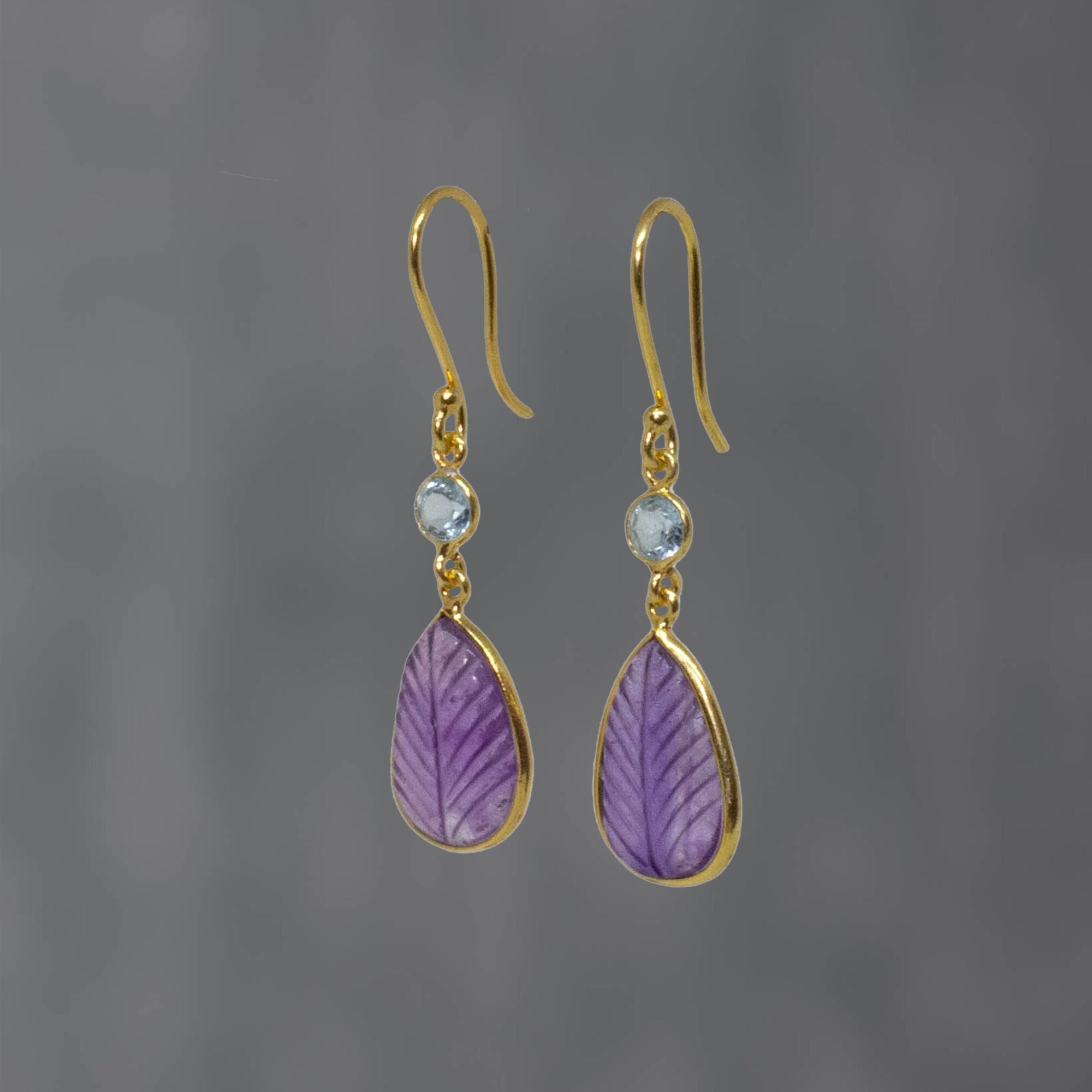 Carved Amethyst Gemstone Earrings, Gold Dangle Earrings, Amethyst and Blue  Topaz, February Birthstone Gift - Etsy