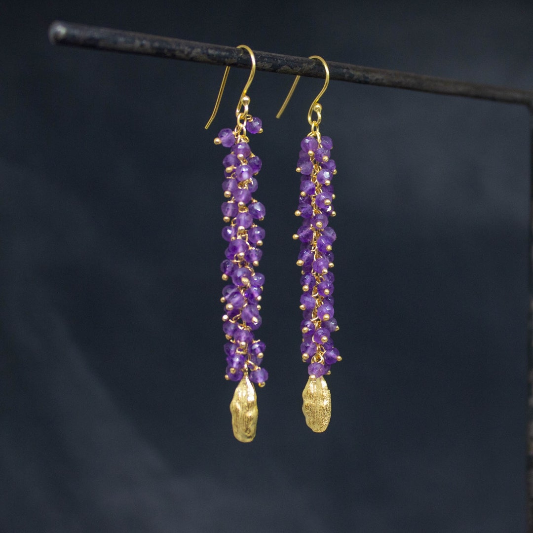 Amethyst and Gold Drop Earrings, Long Amethyst Earrings, Statement Dangle  Earrings, Gemstone Cluster Earrings, February Birthstone - Etsy