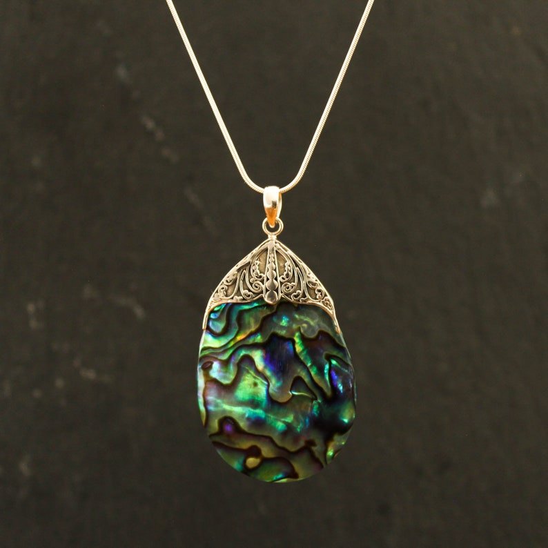 Abalone Pendant, Paua Shell Pendant Necklace, Silver and Abalone Necklace, Statement Pendant, Sterling Silver image 1