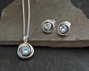 Blue Topaz Jewellery Set, Silver and Topaz Studs, Blue Topaz Pendant Necklace, Silver Nest Earrings and Pendant, Art Deco, Sterling Silver