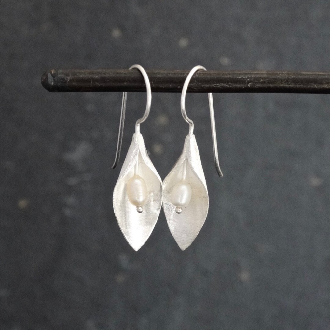 Silver Drop Earrings, Silver Flower Earrings, Brushed Silver, Freshwater Pearl, Matt Silver ...