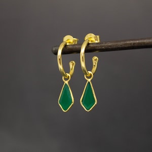 Gemstone Hoop Earrings, Gold Hoops, Green Onyx Hoop Earrings, Gemstone Charm Hoops, Gold Vermeil