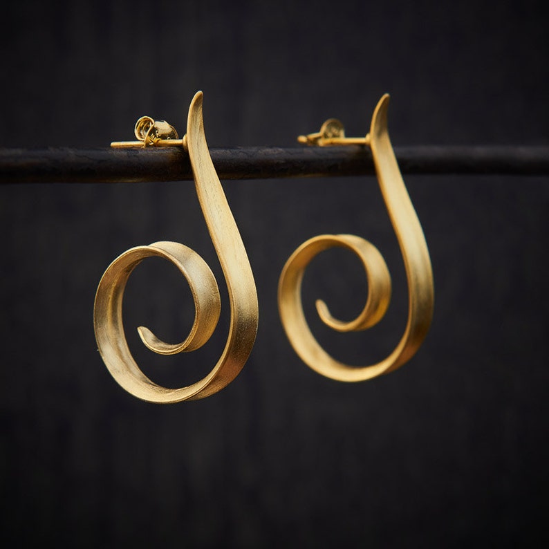 Gold Hoop Earrings Brushed Gold Earrings Swirl Hoops Modern Etsy