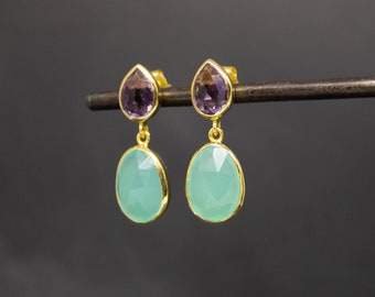 Boucles d’oreilles en or et pierres précieuses, Aqua Chalcedony et Amethyst, Boucles d’oreilles Statement, Bijoux Birthstone, Gold Vermeil