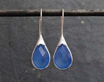 Blue Quartz Earrings, Silver and Quartz Drops, Teardrop Earrings, Blue Chalcedony Earrings, Powder Blue, Minimal Sterling Silver 925