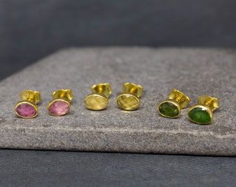 Tourmaline Earrings, Pink Tourmaline Studs, Raw Gemstone Earrings, October Birthstone Jewellery, Everyday Earrings, Gold Vermeil Stud