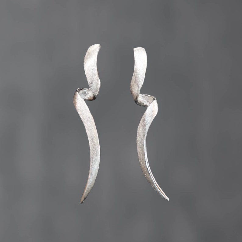 Silver Earrings, Minimal Silver Earrings, Silver Twist Earrings, Brushed Sterling Silver, Matt Silver 925, Gift Ideas image 2