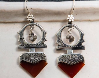 Silver Tuareg Earrings, Ethnic Earrings, Carnelian Earrings, Tribal Earrings, Sterling Silver