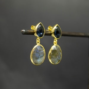 Gold and Gemstone Earrings, Labradorite and Kyanite, Statement Earrings, Birthstone Jewellery, Gold Vermeil