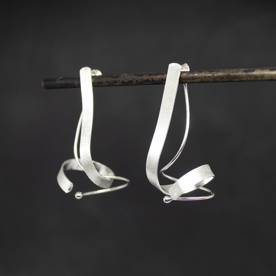 Silver Ear Jacket Earrings, Brushed Silver Spiral Earrings, Matt Silver