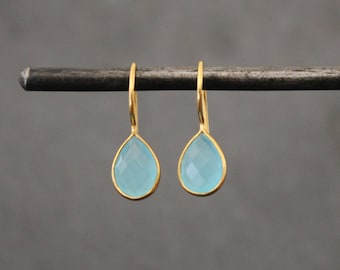 Gemstone Earrings, Blue Chalcedony Earrings, Gold Earrings, Blue Gemstone Earrings, Teardrop Earrings, Gold Vermeil