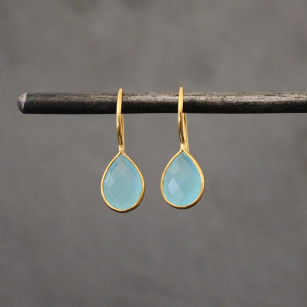 Gemstone Earrings, Blue Chalcedony Earrings, Gold Earrings, Blue Gemstone Earrings, Teardrop Earrings, Gold Vermeil