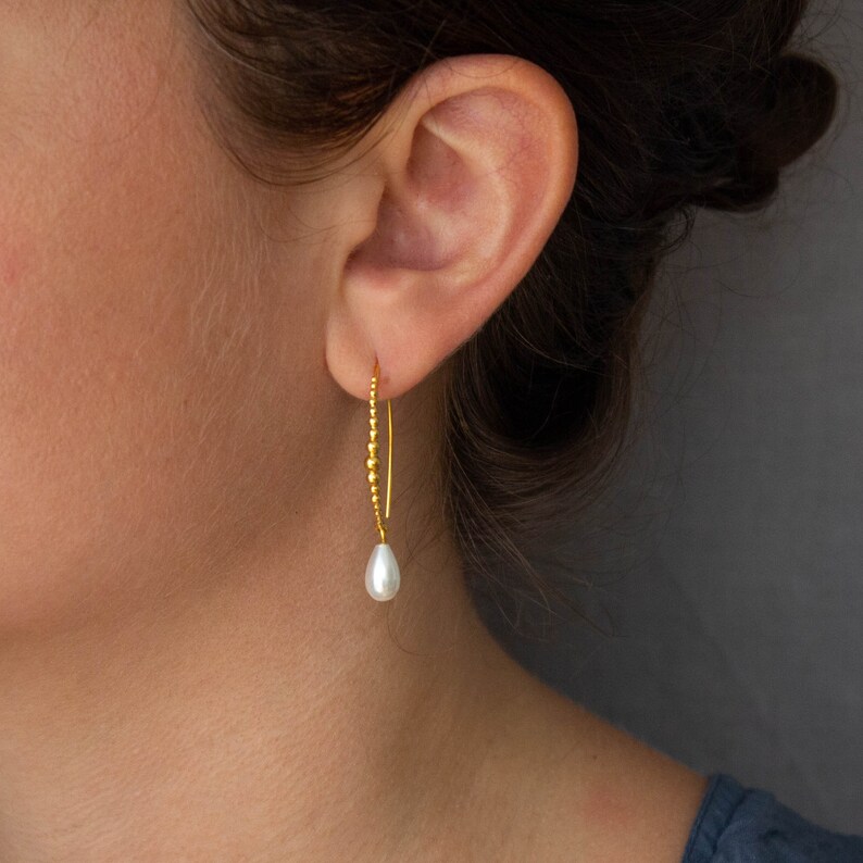 Gold and Pearl Hoop Earrings, Boho Gold Hoops, White Pearl Charm Hoops, image 2