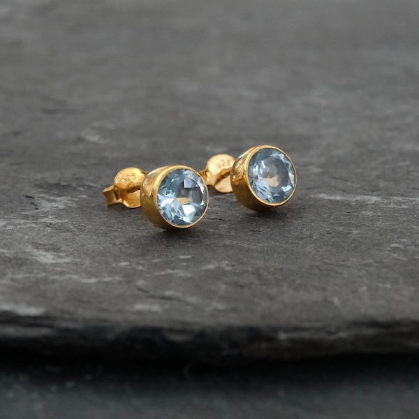 Blue Topaz Stud Earrings, Gold Studs, December Birthstone, Gemstone Earrings, Semi Precious Stone, Gold Vermeil, Birthstone Jewellery