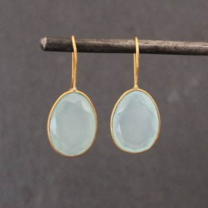 Aqua Chalcedony Earrings, Gold Drop Earrings, Gemstone Earrings, March Birthstone, Gold Vermeil