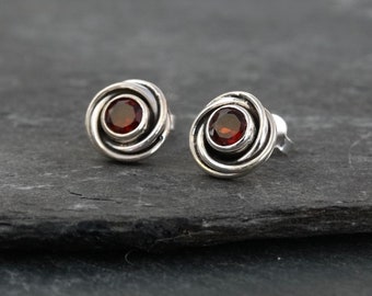 Garnet Earrings, Silver and Garnet Stud Earrings, Silver Nest Earrings, Art Deco Earrings, January Birthstone, Sterling Silver