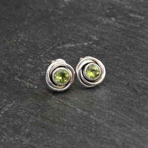 Peridot Earrings, Silver and Peridot Stud Earrings, Silver Nest Earrings, Art Deco Earrings, August Birthstone, Sterling Silver