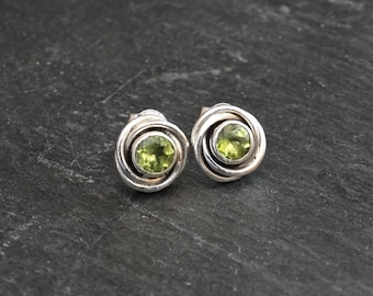 Peridot Earrings, Silver and Peridot Stud Earrings, Silver Nest Earrings, Art Deco Earrings, August Birthstone, Sterling Silver