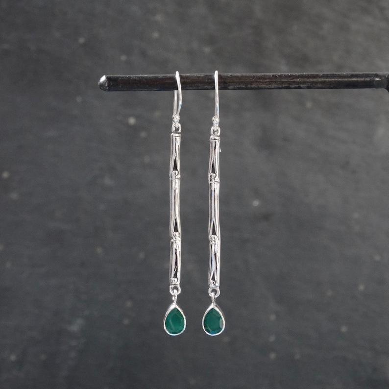 Green Quartz Earrings, Silver Drop Earrings, Long Drop Earrings, Gemstone Drops, Bamboo Earrings, Sterling Silver image 1