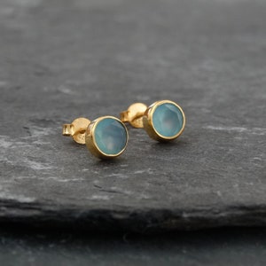 Gemstone Stud Earrings, Gold Studs, Aqua Chalcedony, Blue Earrings, Semi Precious Stone, Gold Vermeil, March Birthstone Jewellery
