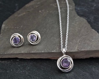 Amethyst Jewellery Set, Silver and Amethyst Studs, Amethyst Pendant Necklace, Silver Nest Earrings and Pendant, Art Deco, Sterling Silver