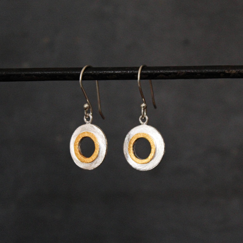 Silver and Gold Earrings, Mixed Metals, Brushed Silver Earrings, Matt Gold Vermeil, Open Circle Drop Earrings, Sterling Silver image 2