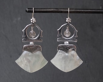 Silver Tuareg Earrings, Mother of Pearl Earrings, White Shell Earrings, Sterling Silver Earrings, Silver Drop Earrings