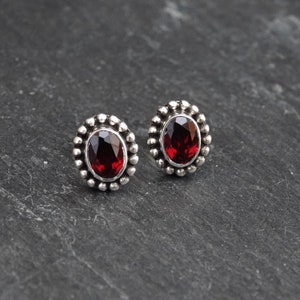 Garnet Earrings, Silver and Garnet Stud Earrings, January Birthstone, Oval Garnet Studs, Faceted Garnet, Sterling Silver Detail