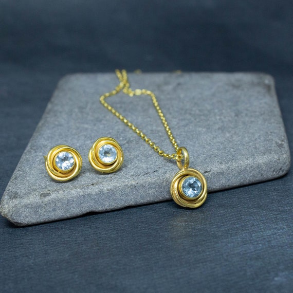 Blue Topaz and Gold Stud Earrings, Blue Topaz Pendant Necklace, Birthstone Jewellery Set, Art Deco