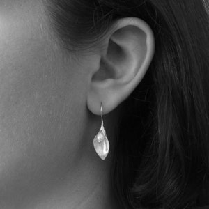 Silver Drop Earrings, Silver Flower Earrings, Brushed Silver, Freshwater Pearl, Matt Silver, Wedding Earrings, Sterling Silver image 2