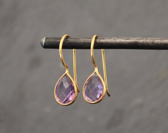 Amethyst Earrings, Gold Drop Earrings, Gold and Amethyst, Teardrop Earrings, February Birthstone, Gemstone Earrings, Gold Vermeil