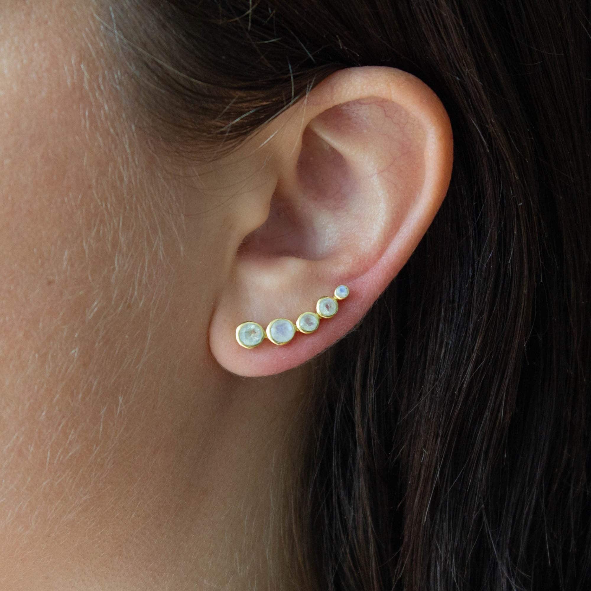Rainbow Moonstone Ear Climber, Gemstone Climber Earrings, Gold and Moonstone Crawler Earring, June Birthstone