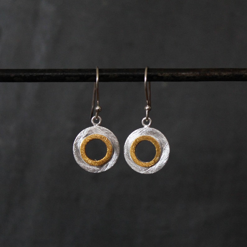 Silver and Gold Earrings, Mixed Metals, Brushed Silver Earrings, Matt Gold Vermeil, Open Circle Drop Earrings, Sterling Silver image 3