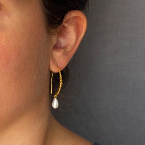 Gold and Pearl Hoop Earrings, Boho Gold Hoops, White Pearl Charm Hoops, image 3