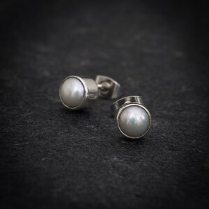 Pearl Stud Earrings, Freshwater Pearl Earrings, Round Stud Earrings, White Pearl Earrings, Sterling Silver image 2