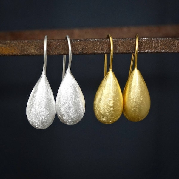 Brushed Silver Earrings, Brushed Gold Earrings, Sterling Silver Drops, Gold Vermeil Drops, Teardrop Earrings, Simple Earrings