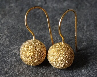 Gold Earrings, Gold Ball Earrings, Gold Drop Earrings, Granulation Earrings, Round Earrings, Gold Vermeil