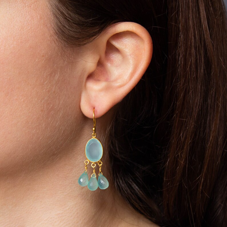 Gemstone Drop Earrings, Aqua Chalcedony Earrings, March Birthstone, Gold Dangle Earrings image 3