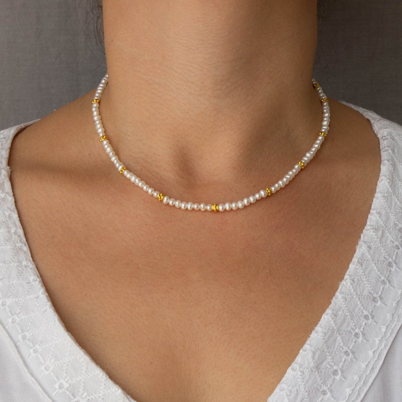 Pearl beaded necklace with 18k gold vermeil beads