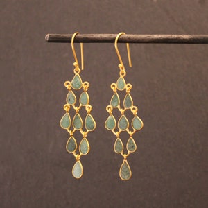 Emerald Earrings, Gold and Emerald Earrings, Chandelier Earrings, May Birthstone, Carved Gemstone Earrings, Gold Vermeil