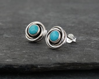 Turquoise Earrings, Silver and Turquoise Stud Earrings, Sterling Silver Nest Earrings, Art Deco Earrings, December Birthstone, Silver 925