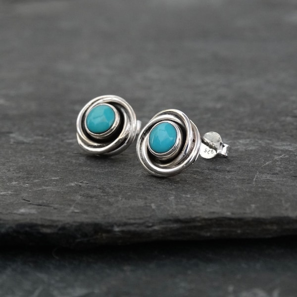 Turquoise Earrings, Silver and Turquoise Stud Earrings, Sterling Silver Nest Earrings, Art Deco Earrings, December Birthstone, Silver 925